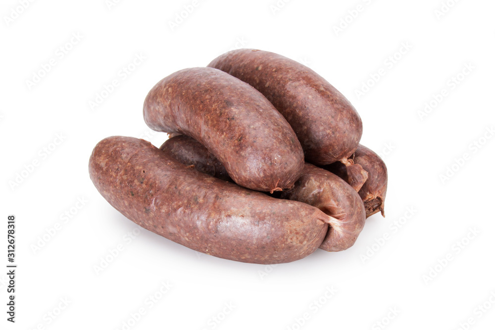 Black pudding with groats on a white background on a white background. Food product.