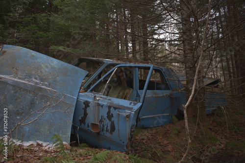 abandoned car in forest