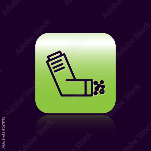 Black line Inhaler icon isolated on black background. Breather for cough relief, inhalation, allergic patient. Medical allergy asthma inhaler spray. Green square button. Vector Illustration