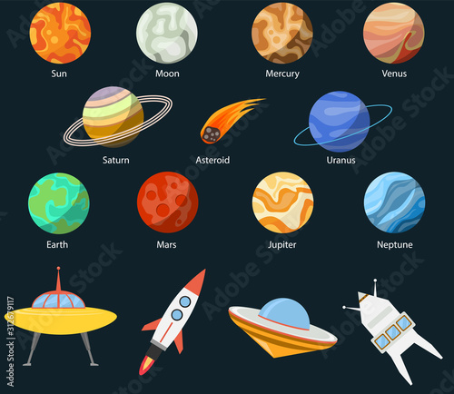 Planet of the solar system and spaceships. Sun, Moon, Mercury, Mars, Earth, Uranus, Neptune, Pluto, Venus, Saturn, Jupiter, flying asteroid. Vector illustration of space.