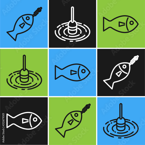 Set line Fish on hook, Fish and Fishing float in water icon. Vector