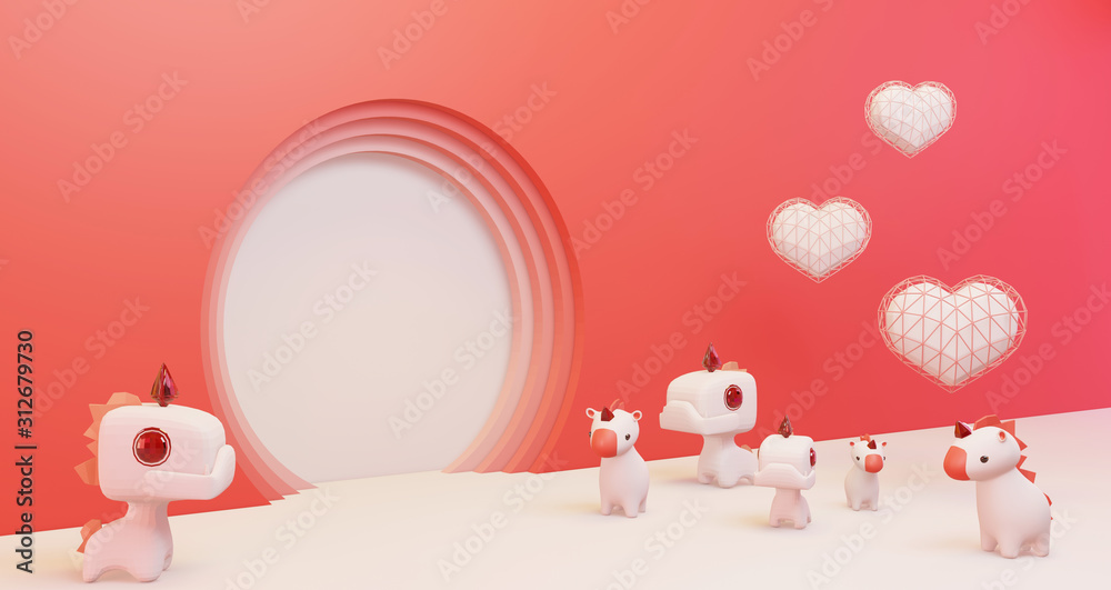 3D rendering of valentine. White heart and cute unicorns on pink  background, minimalist mockup. Love symbol. Modern 3d render.