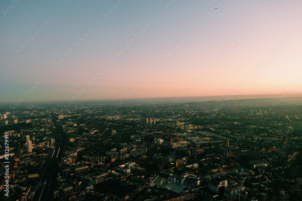 sunset over city