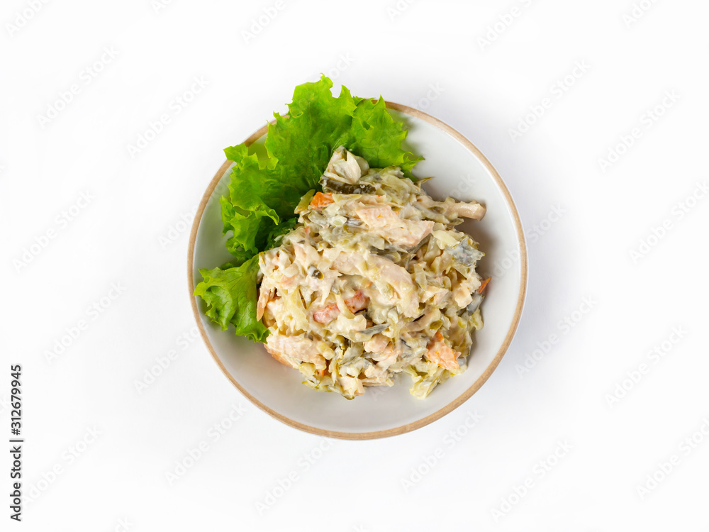 Salad with ham, bell pepper, mushrooms, pickles, white sauce, top view Salad with ham, bell pepper, mushrooms, pickles, white sauce, top view