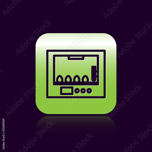 Black line Incubator for eggs icon isolated on black background. Green square button. Vector Illustration