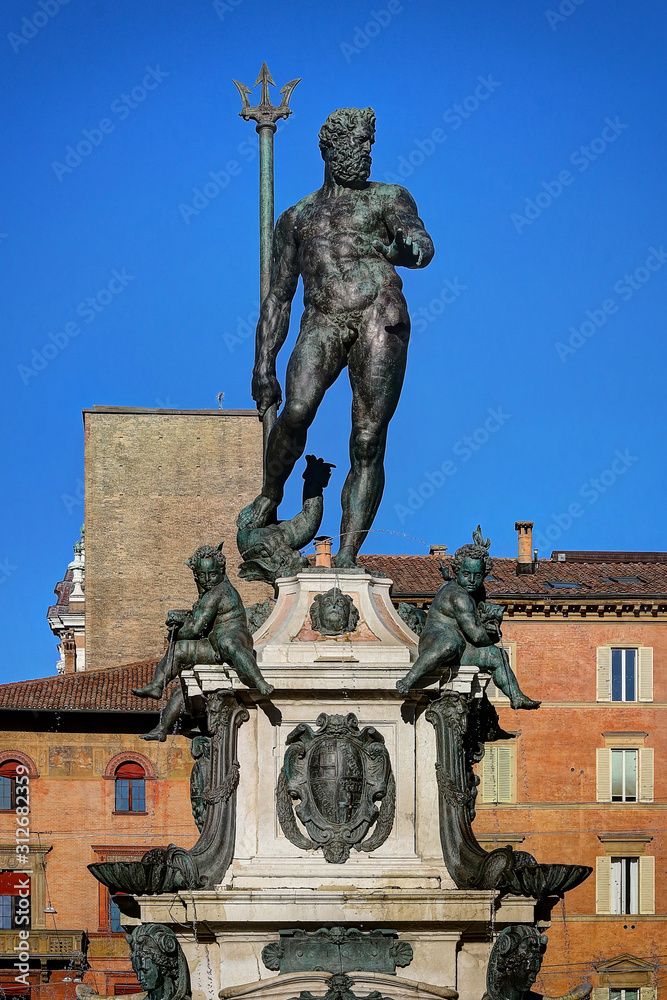 Bologna - Italy, December 2019, touristic city landscape, Nettuno fountain and monument