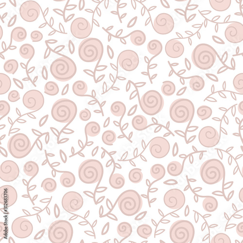 A seamless vector pattern with pastel doodle rose flowers on a white background. Girly desorative surfacec print design. Great for romantic cards, backgrounds and packaging.