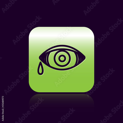Black line Reddish eye due to viral, bacterial or allergic conjunctivitis icon isolated on black background. Green square button. Vector Illustration