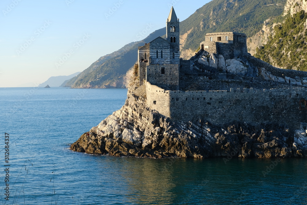 Church of San Pietro in Portovenere near the Cinque Terre. Ancient medieval building on the rocks overlooking the sea..
