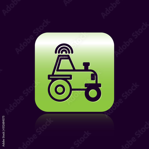 Black line Self driving wireless tractor on a smart farm icon isolated on black background. Smart agriculture implement element. Green square button. Vector Illustration