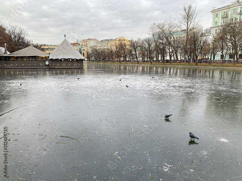 Photography Moscow, thin ice on Clean ponds (Chistye Prudy) in abnormally warm December 2019