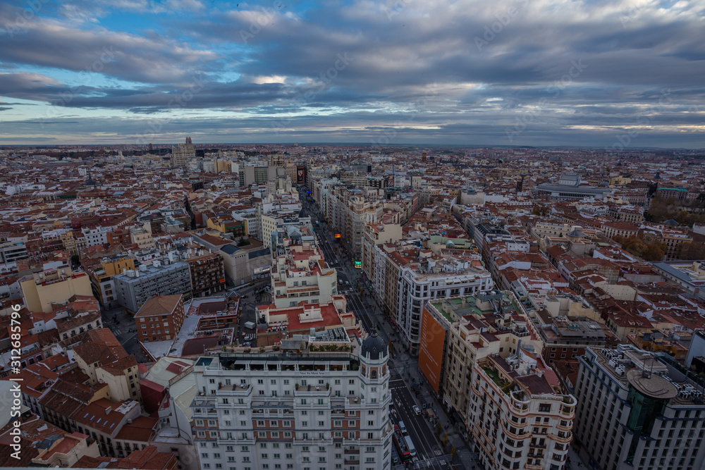 The skyline of Madrid in the afternoon from a terrace in Plaza España. Spain