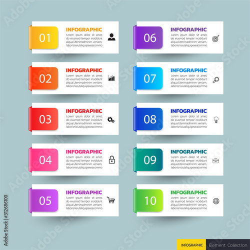 Infographics design template, 3D Business concept with 10 steps or options, can be used for workflow layout, diagram, annual report, web design.Creative banner, label vector.