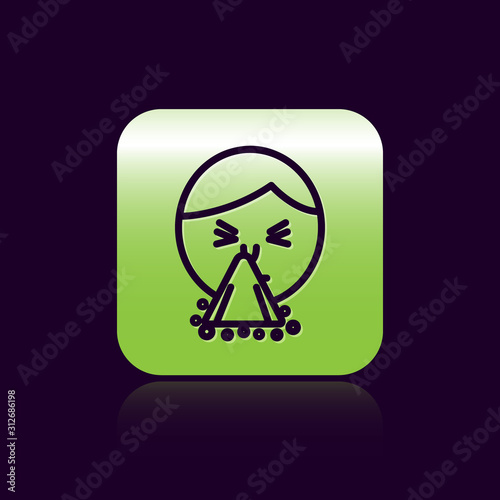 Black line Man holding handkerchief or napkin to his runny nose icon isolated on black background. Coryza desease symptoms. Green square button. Vector Illustration
