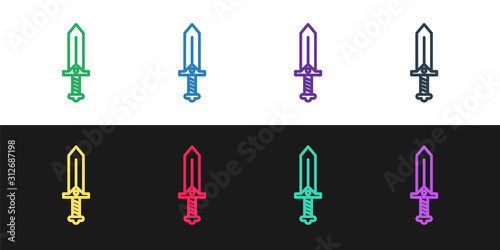 Set line Sword for game icon isolated on black and white background.  Vector Illustration