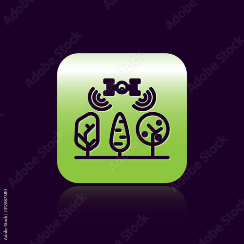 Black line Smart farm with drone control and tree icon isolated on black background. Innovation technology for agricultural company. Green square button. Vector Illustration