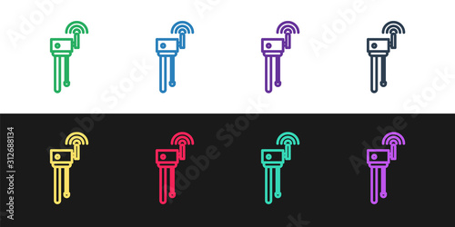 Set line Router and wi-fi signal symbol icon isolated on black and white background. Wireless ethernet modem router. Computer technology internet.  Vector Illustration