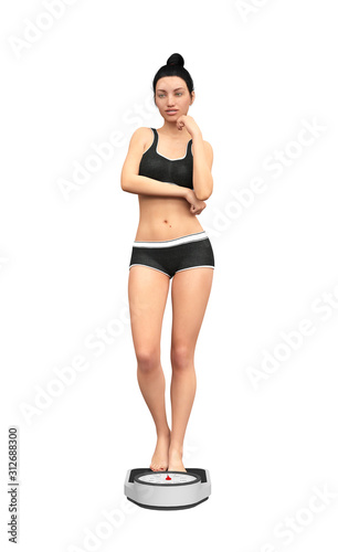 woman standing on scale isolated on white, 3d rendering