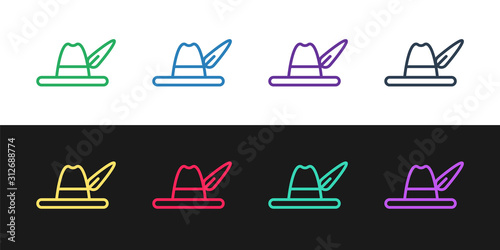 Set line Oktoberfest hat icon isolated on black and white background. Hunter hat with feather. German hat.  Vector Illustration