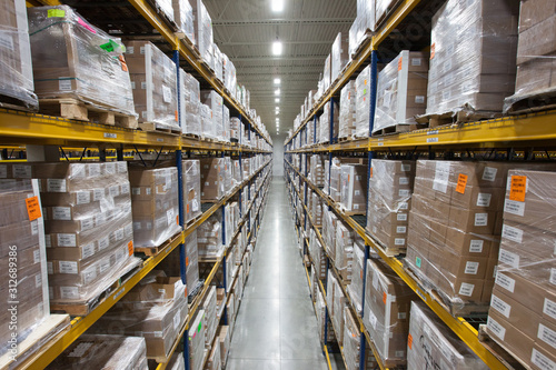 boxes on racks at pharmaceutical distribution warehouse