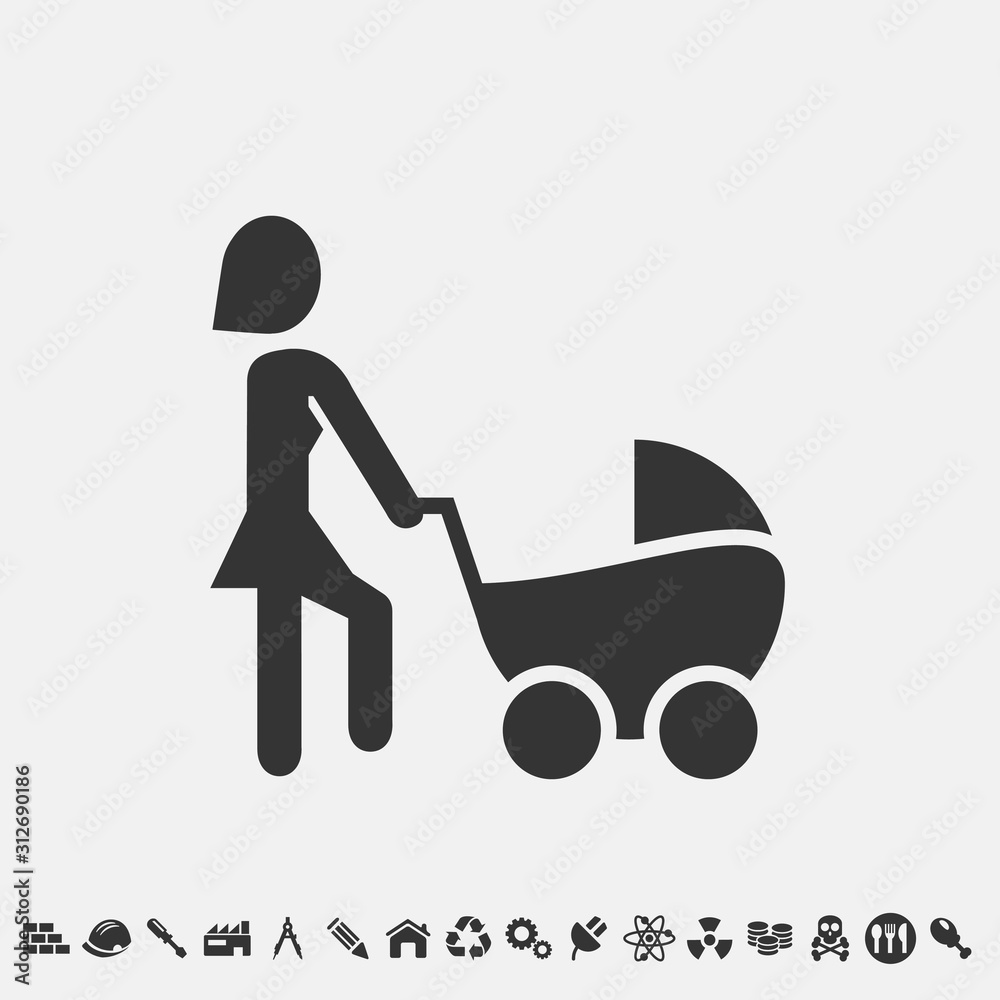 woman pushing baby stroller icon vector for web and graphic design
