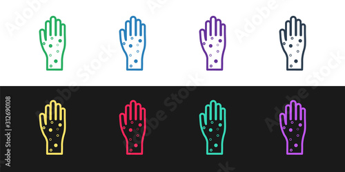 Set line Hand with psoriasis or eczema icon isolated on black and white background. Concept of human skin response to allergen or chronic body problem. Vector Illustration