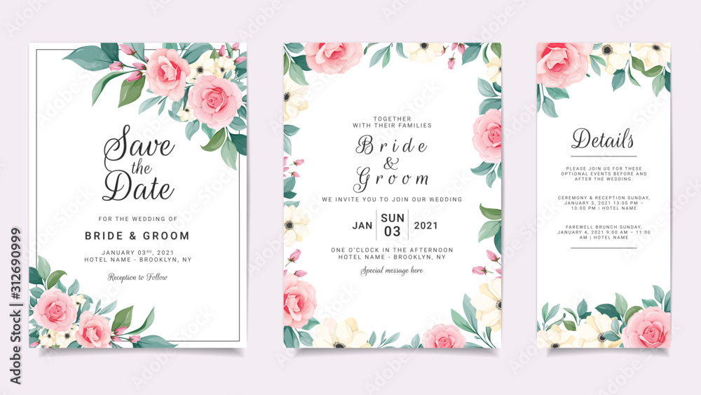 Set of card with flowers. Wedding invitation template set with floral frame. Peach roses and leaves botanic illustration for background, save the date, greeting, poster, cover vector