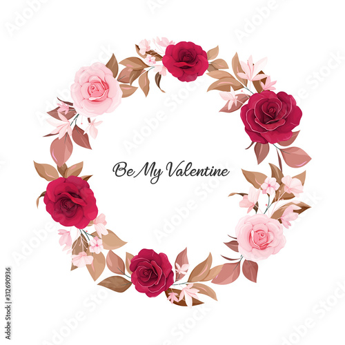 Valentine flower wreath. Floral decoration illustration of burgundy rose flowers, leaves, branches. Romantic botanic composition for wedding and greeting card design