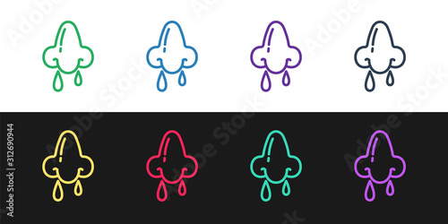 Set line Runny nose icon isolated on black and white background. Rhinitis symptoms, treatment. Nose and sneezing. Nasal diseases. Vector Illustration