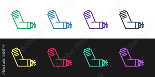 Set line Inhaler icon isolated on black and white background. Breather for cough relief, inhalation, allergic patient. Medical allergy asthma inhaler spray. Vector Illustration
