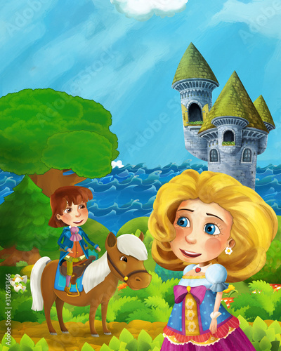 Fototapeta Naklejka Na Ścianę i Meble -  cartoon forest scene with prince on path near the forest sea shore and and castle tower - illustration for children