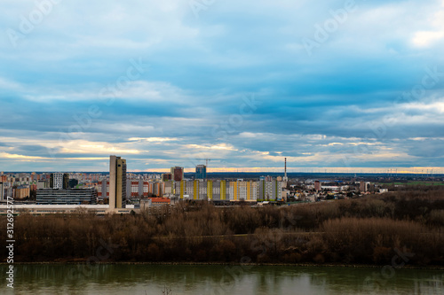 Photography View of the outskirts of Bratislava, capital of Slovakia, on the Danube River