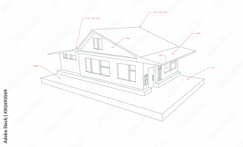 Technical drawing of a country cottage in 3D style with red pointers