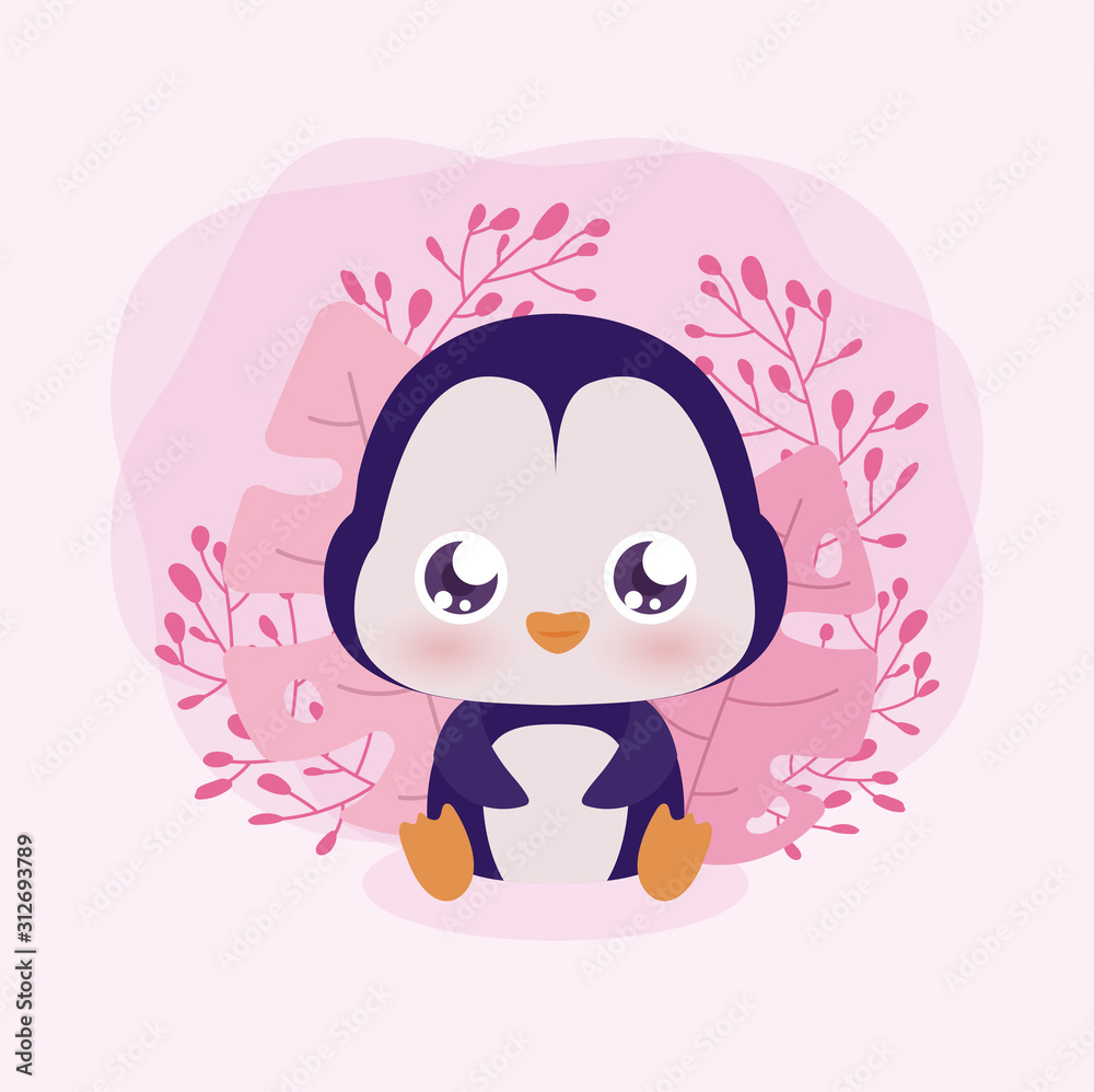 Obraz premium kawaii pingwin kreskówka z liści wektor wzór