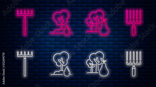 Set line Watering Tree, Tree with pears, Garden rake and Garden rake in work. Glowing neon icon on brick wall. Vector