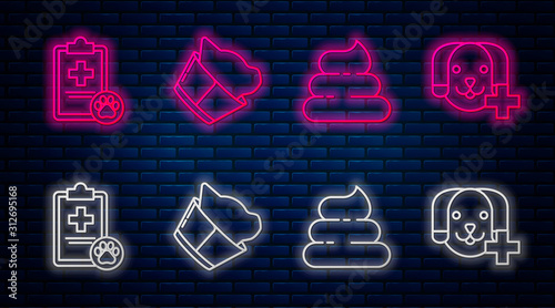 Set line Veterinary clinic symbol, Shit, Clipboard with medical clinical record pet and Veterinary clinic symbol. Glowing neon icon on brick wall. Vector