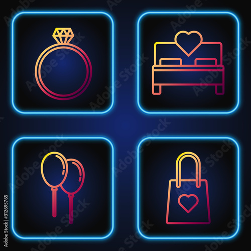 Set line Shopping bag with heart, Balloons with ribbon, Diamond engagement ring and Bedroom. Gradient color icons. Vector