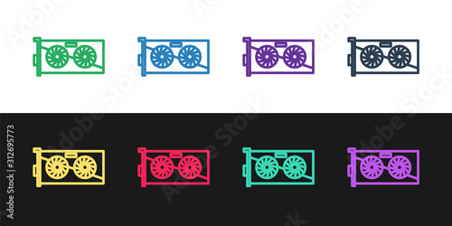 Set line Video graphic card icon isolated on black and white background. Vector Illustration