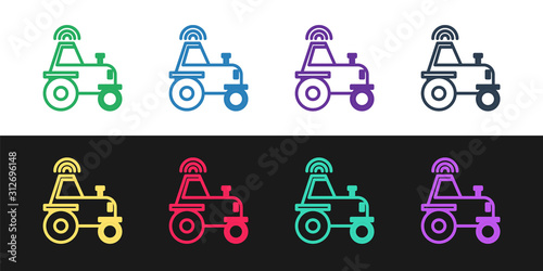 Set line Self driving wireless tractor on a smart farm icon isolated on black and white background. Smart agriculture implement element. Vector Illustration