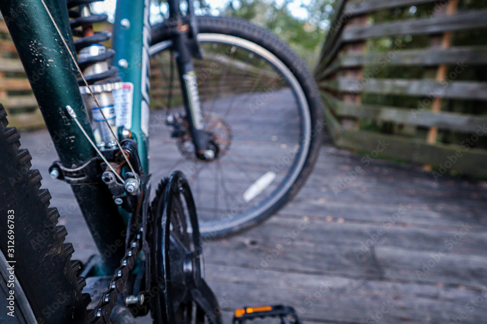 Fototapeta premium Mountain Bike on Swampy Wooden Bridge