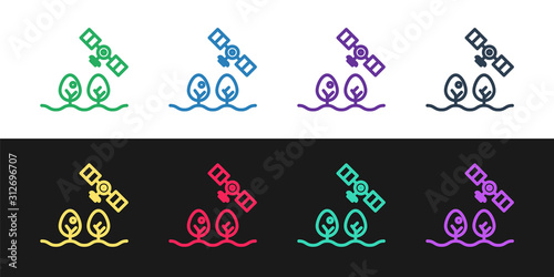 Set line Smart farm with drone control and tree icon isolated on black and white background. Innovation technology for agricultural company. Vector Illustration
