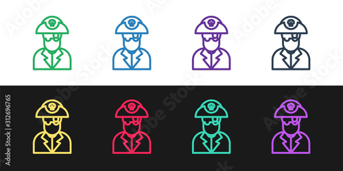 Set line Pirate captain icon isolated on black and white background. Vector Illustration