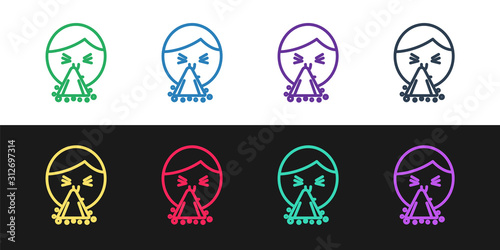 Set line Man holding handkerchief or napkin to his runny nose icon isolated on black and white background. Coryza desease symptoms. Vector Illustration