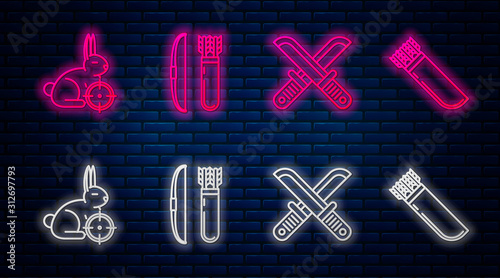 Set line Bow and arrow in quiver, Crossed hunter knife, Hunt on rabbit with crosshairs and Quiver with arrows. Glowing neon icon on brick wall. Vector