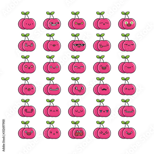 Collection of kawaii cherry fruits emoticons cartoons