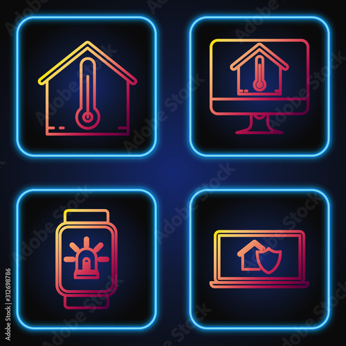 Set line Laptop with house under protection, Smart watch with smart house and alarm, House temperature and Computer monitor with house temperature. Gradient color icons. Vector