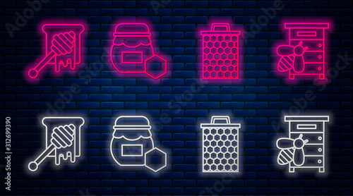 Set line Jar of honey, Honeycomb, Honey dipper stick with dripping honey and Hive for bees. Glowing neon icon on brick wall. Vector