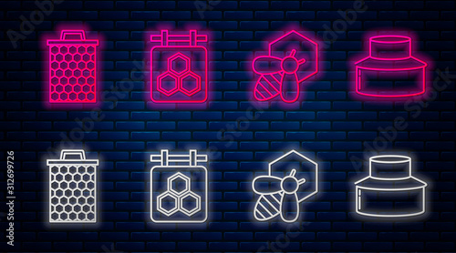 Set line Hanging sign with honeycomb, Bee and honeycomb, Honeycomb and Beekeeper with protect hat. Glowing neon icon on brick wall. Vector
