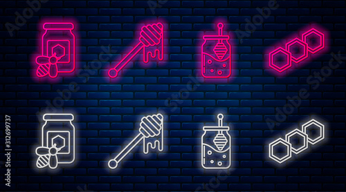 Set line Honey dipper stick with dripping honey, Jar of honey and honey dipper stick, bee and Honeycomb. Glowing neon icon on brick wall. Vector