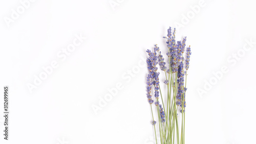 Fototapeta Naklejka Na Ścianę i Meble -  bouquet of violet lilac purple lavender flowers arranged on white table background. Top view, flat lay mock up, copy space. Minimal background concept. Dry flower floral composition isolated on white.